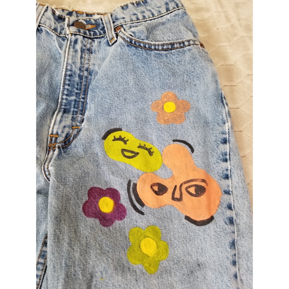 VTG Levis 512 High Rise Slim Tapered Jeans 26x32 USA Custom Painted Floral Faces - Picture 5 of 16